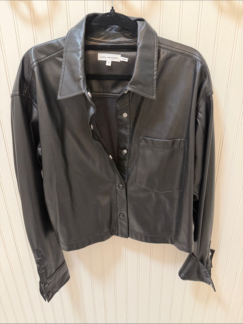 Good American Black Faux Leather Snap-Front Shirt Jacket